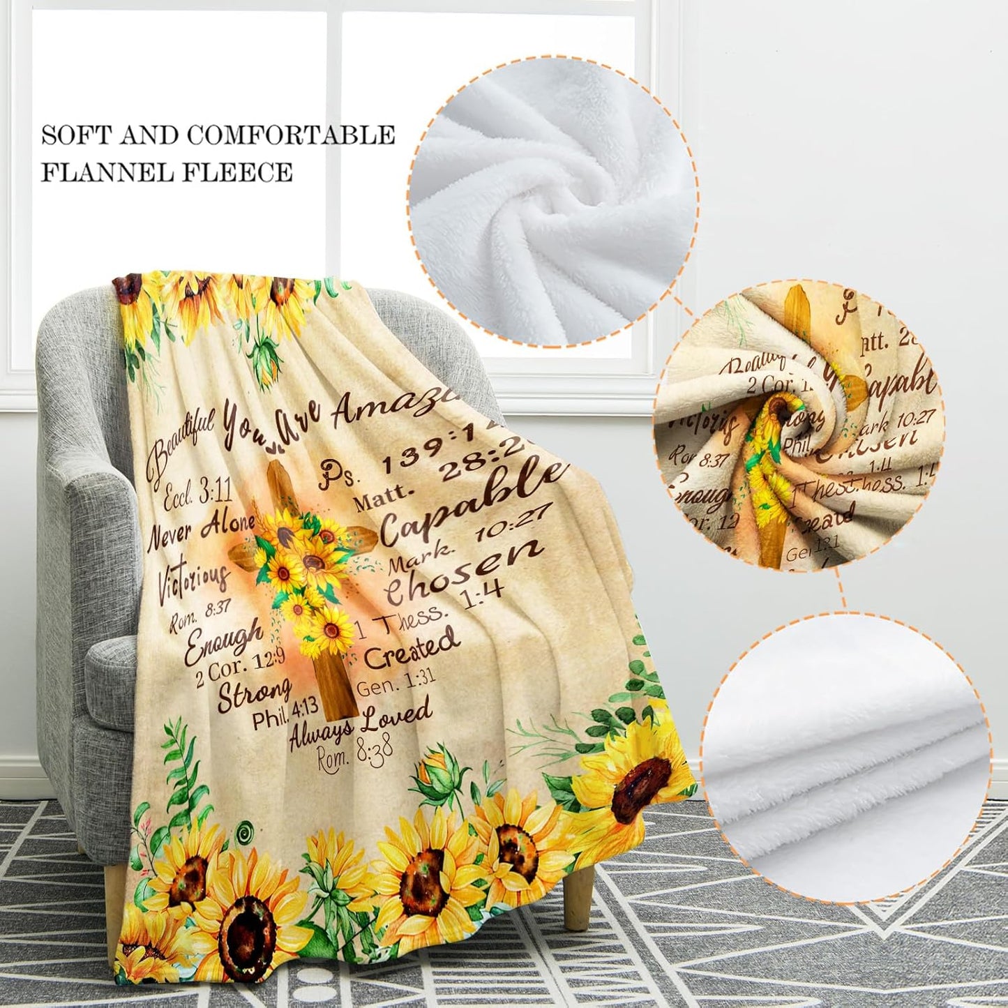 Jekeno Christian Sunflower Blanket Inspirational Spiritual Religious Faith Gifts for Women Men Kids Girls Female Friends Birthday Christmas Halloween Presents Flower Floral Decor Plush Throw 50"x60"