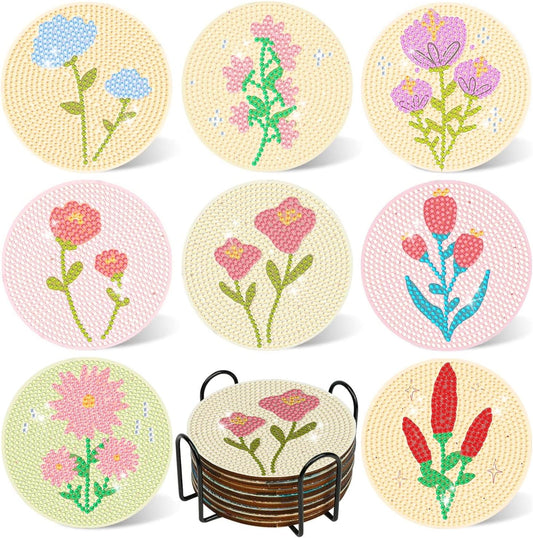 DOTSOPS Flowers Diamond Art Coaster with Holder 5D Diamond Painting Kits for Adults Round Full Drill Beginners Gem Dots Craft Arts Supplies Party Home Decor 8Pack