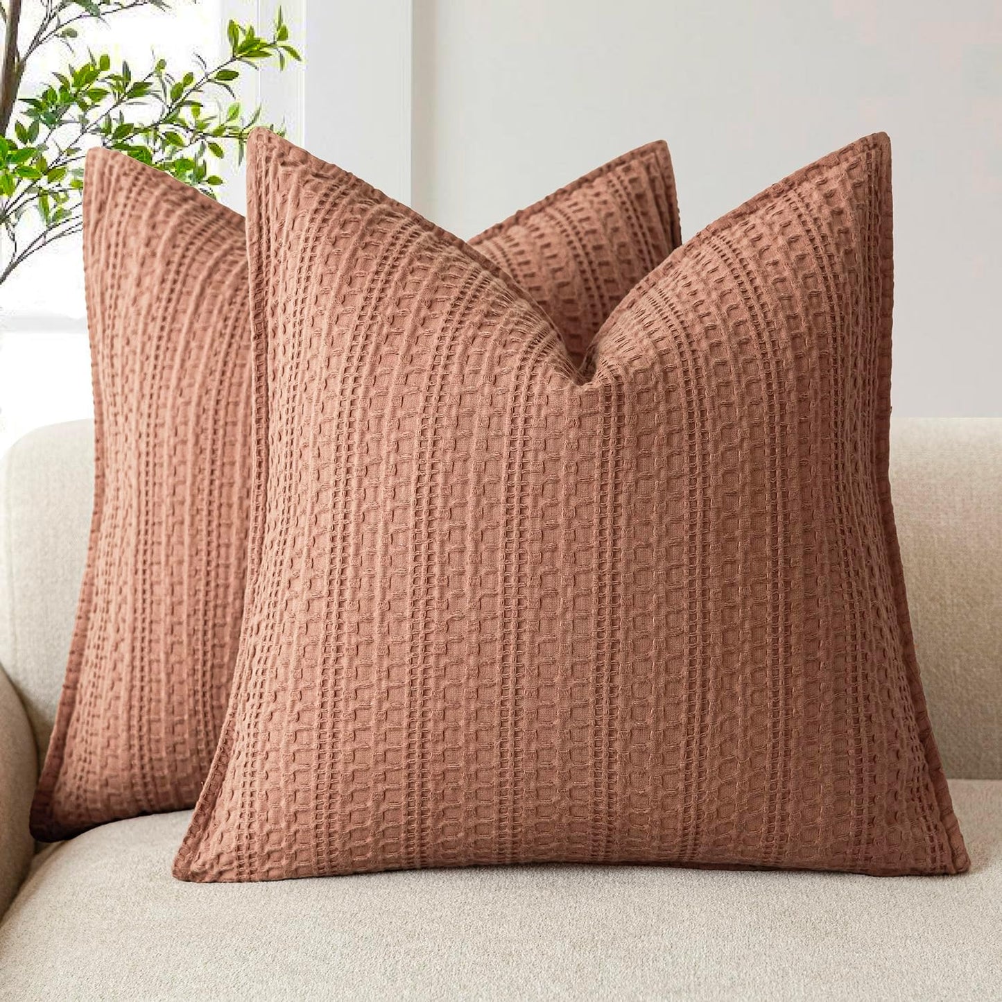 Foindtower Set of 2 Decorative Cotton Waffle Weave Throw Pillow Covers Euro Shams Cushion Covers Accent European Pillowcase for Bed Couch Sofa Bedroom Living Room Home Decor 24×24 Inch Coral Pink