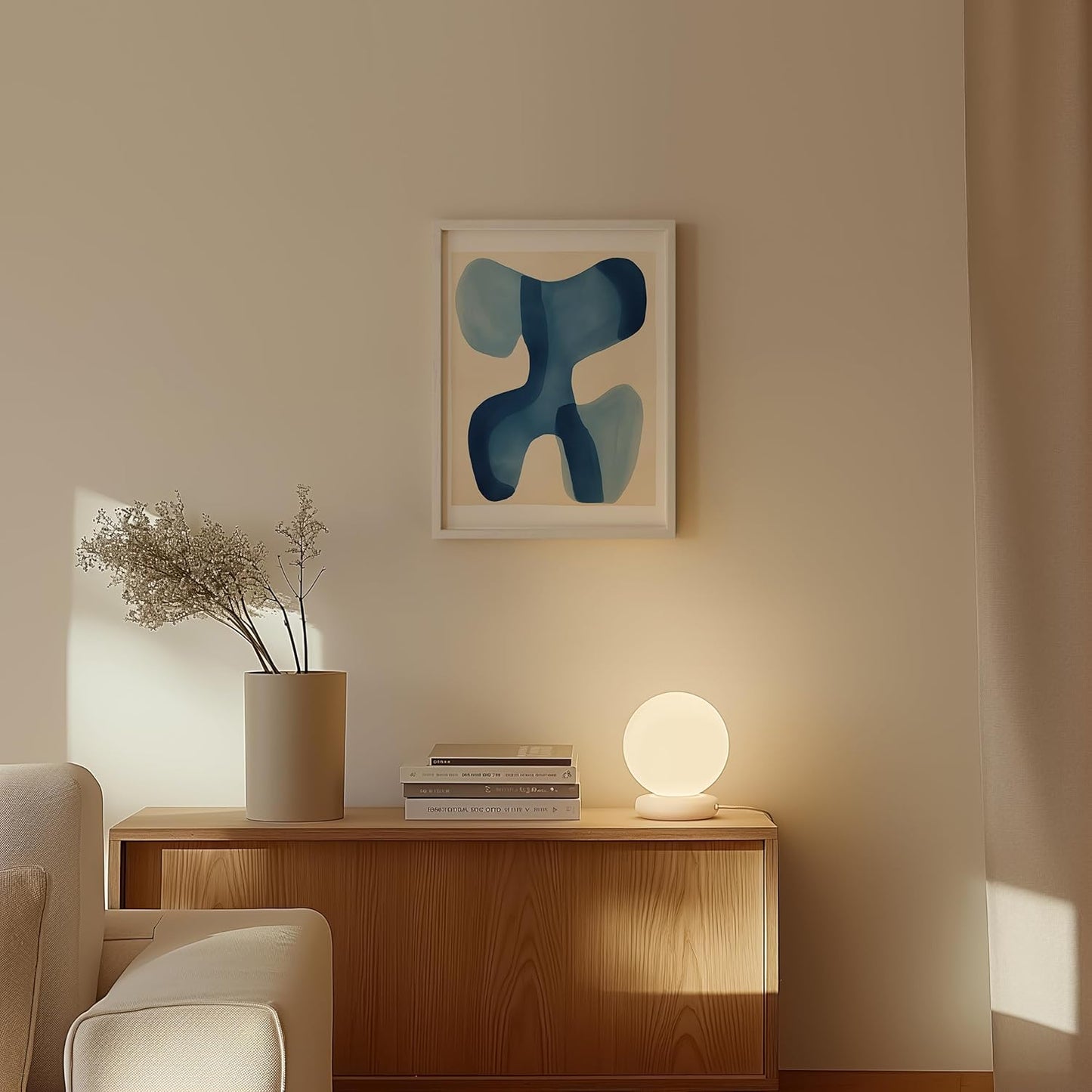 HAUS AND HUES Modern Abstract Wall Art - Blue and Green Living Room Art, Modern Artwork for Walls, Minimalist Picture for Living Room(Blue Shapes, White Frame, 12x16)