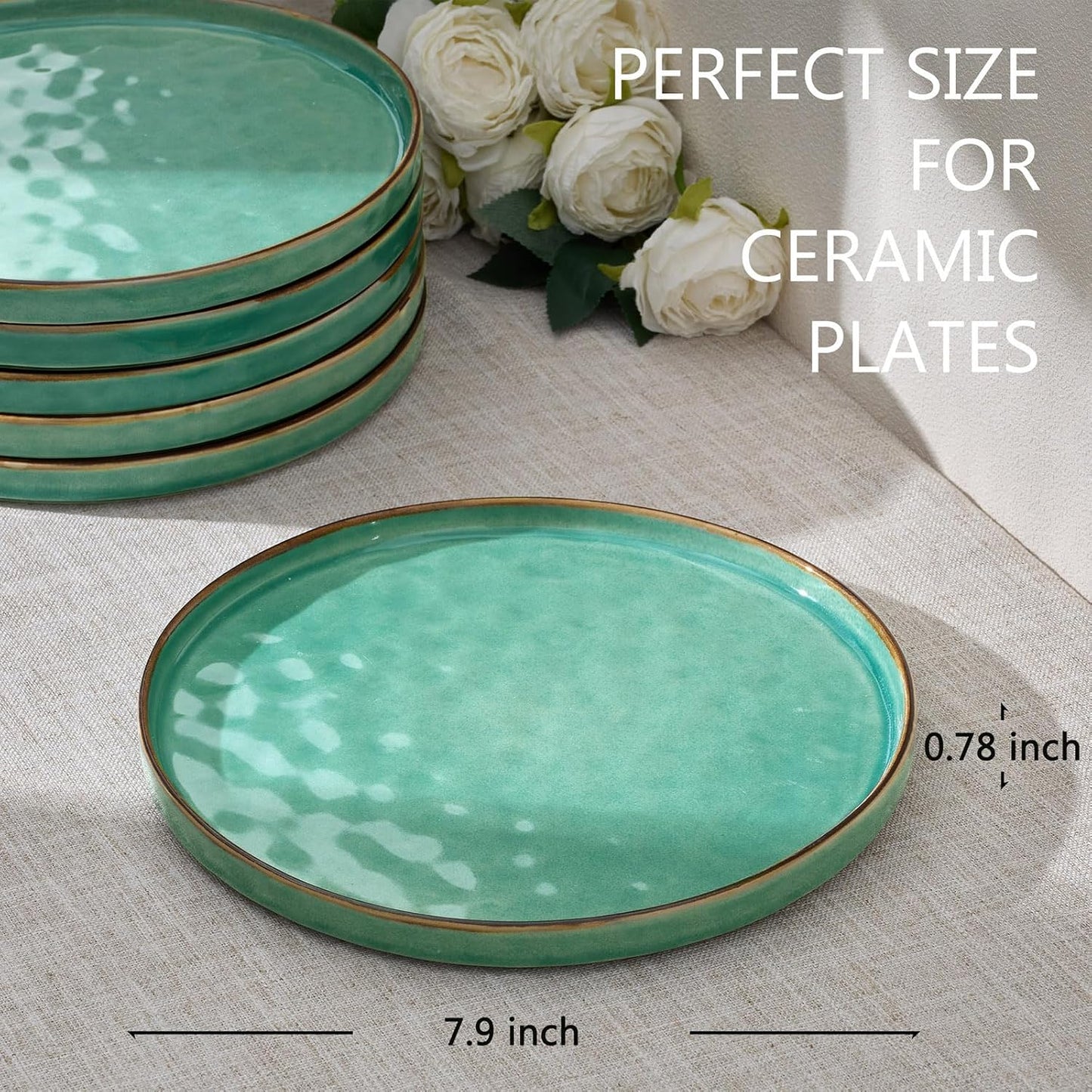 LIANYU Ceramic Dessert Plates Set of 6, 7.9 Inch Kitchen Dinner Plates Set, Porcelain Serving Dishes for Cake, Bread, Salad, Snack and Steak, Microwave, Oven and Dishwasher Safe, Emerald Green