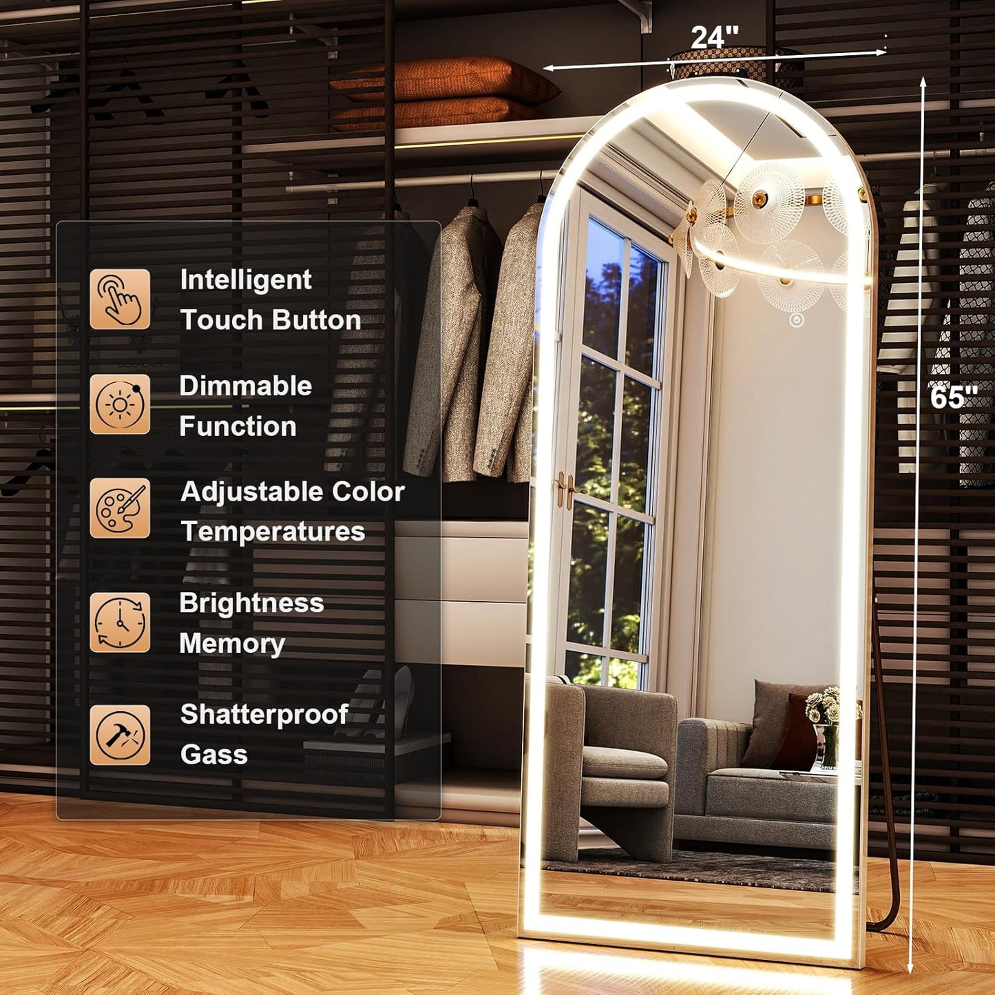 LED White Arched Full Length Mirror - 24“ x 65” Adjustable Brightness, Touch Screen Controls, Wall Mounted or Freestanding for Bedroom, Living Room, Cloakroom Dressing Mirror