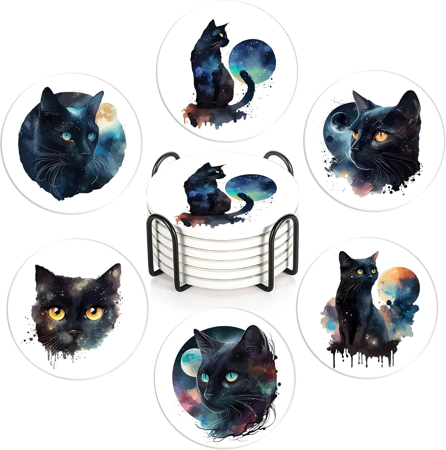 Drink Coasters with Holder,6 Pcs Black Cat Moon Coffee Cup Mat with Storage Holder, Durable Ceramic Coaster Set for Hot & Cold Beverages
