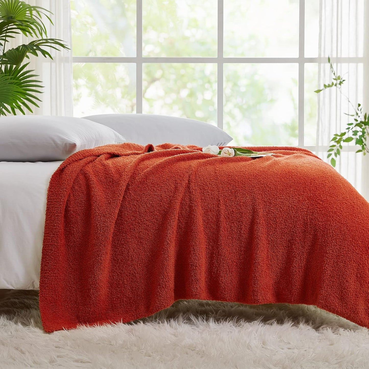 CYMULA Super Soft Knit Throw Blanket Twin Size Orange-Lightweight Plush Fuzzy Fluffy Warm Cozy Blankets and Throws for Sofa Bed All Season Use, 60x80 inches