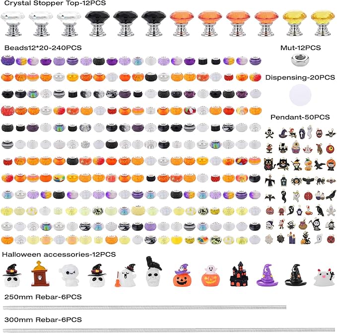 358PCS Halloween Beaded Garden Stakes, DIY Halloween Fairy Wand Garden Stake Decorative Kit with 12 in or 10 in Threaded Rod, Crystal Top, Large Holes Bead, Pendant for Outdoor or Indoor Decoration