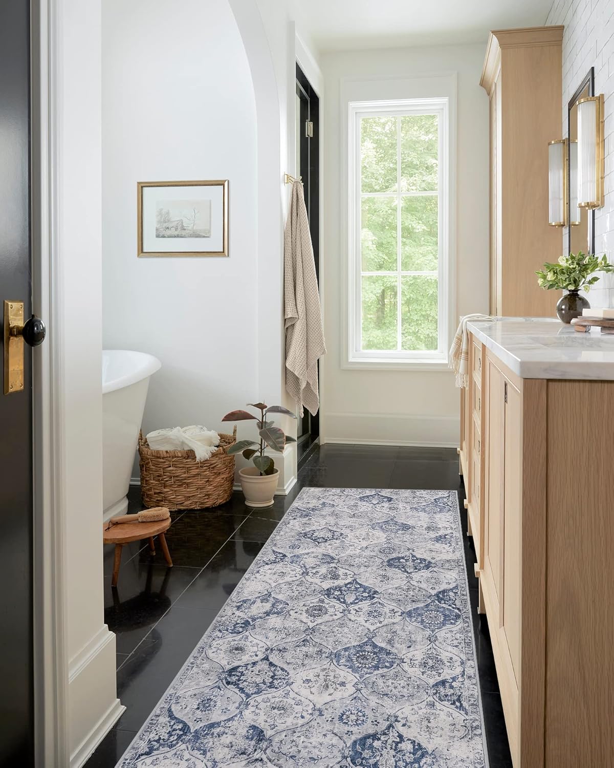 Lahome Moroccan Trellis Washable Runner Rug, 2x6 Kitchen Runners for Hallways 6 Feet Non Slip, Vintage Laundry Room Rug Ultra-Thin Long Carpet for Bathroom Bedroom Entryway, White/Royal Blue