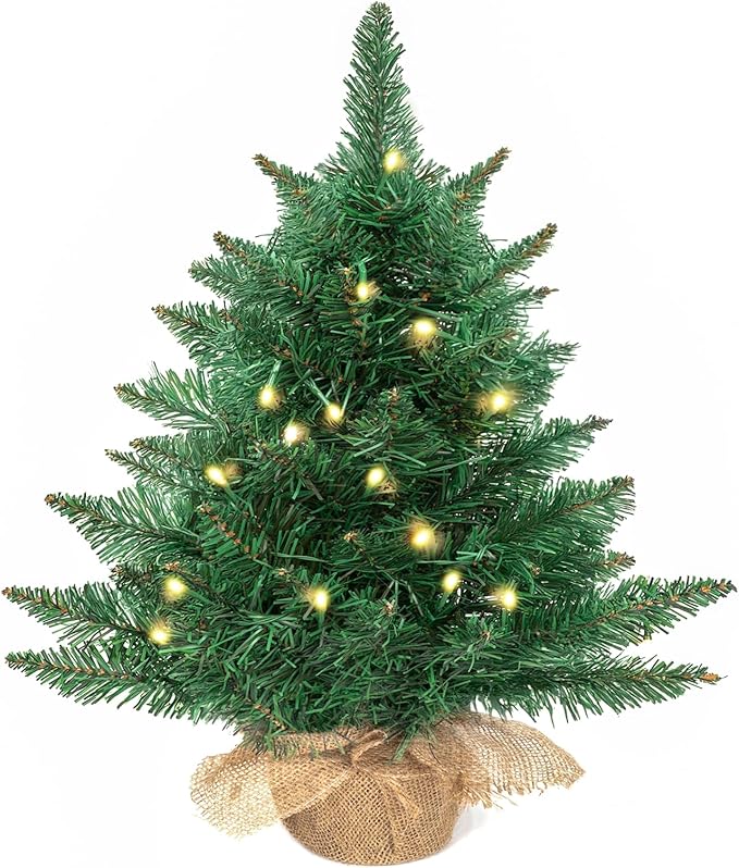 24 Inch Pre-lit Artificial Mini Christmas Tree,Tabletop Christmas Tree with 30 LED Warm Lights,Desktop Small Xmas Green Pine Tree for Home Decor（Battery Operated）