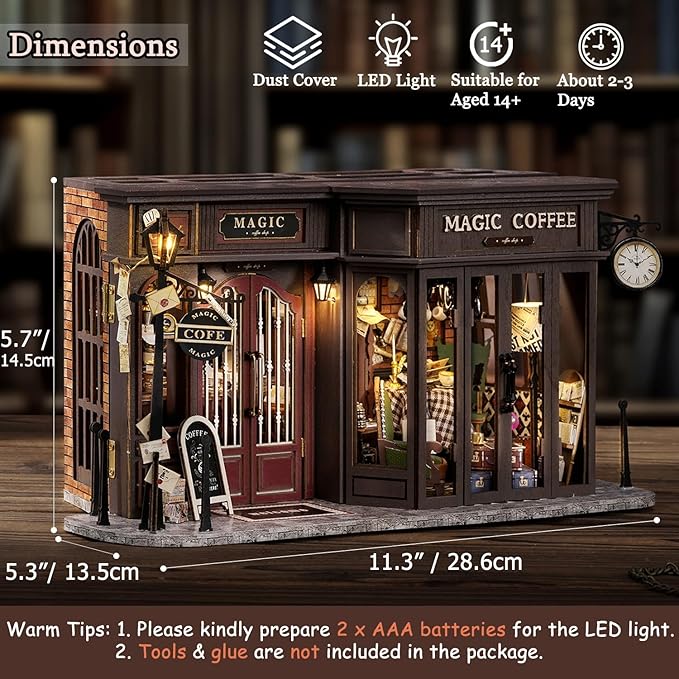 TuKIIE DIY Miniature Dollhouse Kit with Furniture, 1:24 Scale Creative Room Opened & Closed Wooden Doll House Plus Dust Proof for Kids Teens Adults(Vintage Coffee Shop)