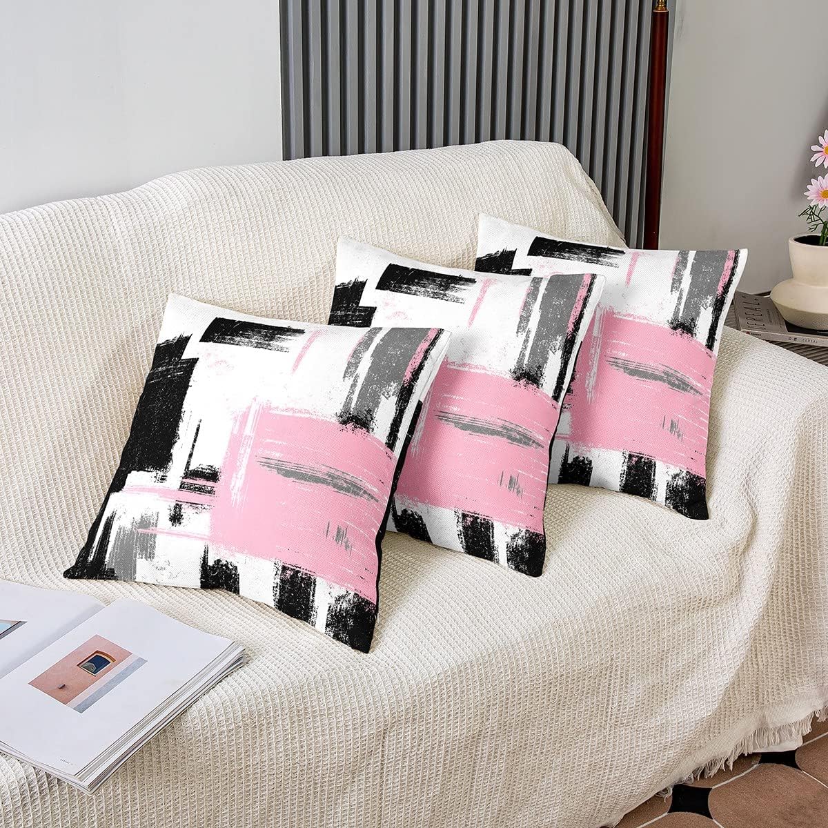 Feelyou Abstract Throw Pillow Covers for Couch Sofa Bed, Set of 2 Modern Abstract Art Decorative Pillows Cushion Covers, Black Pink White Pillow Inserts Not Included, 16x16 inch