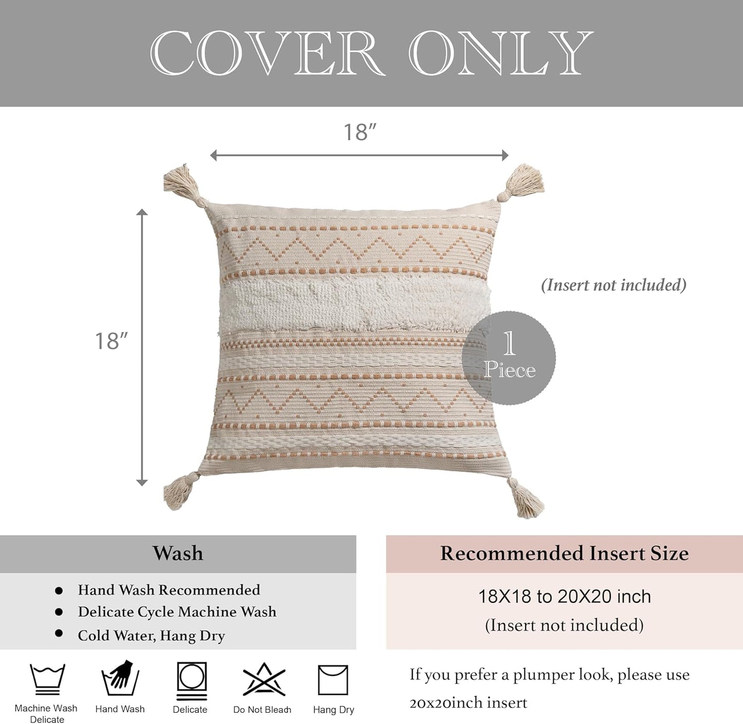 BlissBlush Decorative Throw Pillow Cover 18x18 Square Cream Neutral White Boho Accent Pillowcase Tassels Farmhouse Cushion for Couch Sofa Bedroom Living Room Home Décor (Cover ONLY, Pack of 1)