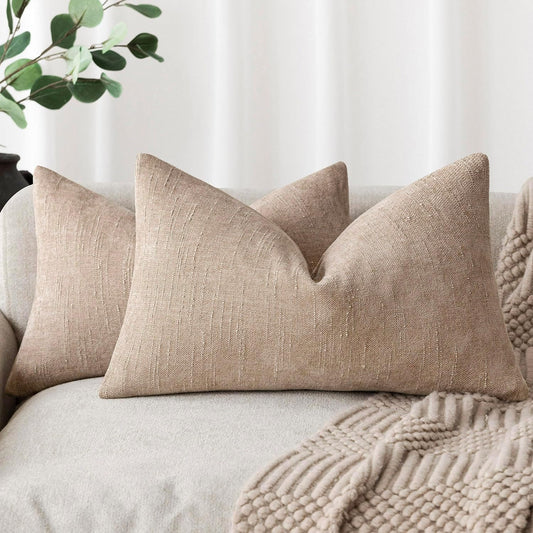 Foindtower Set of 2 Textured Chenille Throw Decorative Pillow Covers Square Accent Solid Cushion Cover Neutral Farmhouse Lumbar Pillow Case for Couch Sofa Bedroom Living Room 12x24 Inch,Cream Camel