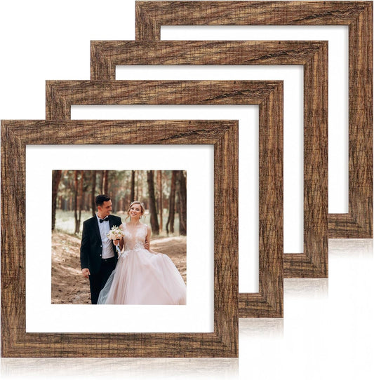 iRahmen 8x8 Picture Frame Set of 4 with HD Glass, Display 6x6 Pictures with Mat or 8 x 8 Without Mat, Rustic Wood Photo Frame for Wall Mount and Tabletop Display