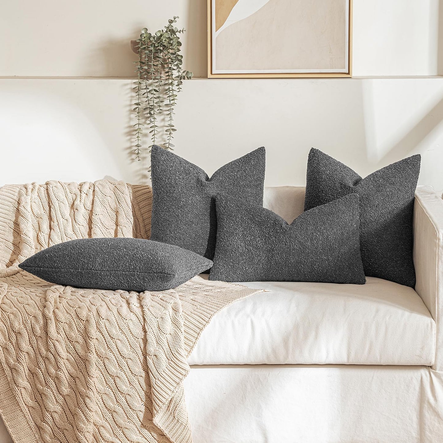MIULEE 20x20 Inch Decorative Pillow Covers for Couch Bed Set of 2 Textured Boucle Neutral Winter Throw Pillows Dark Gray Accent Solid Cushion Pillowcases Sofa Livingroom Home Decor