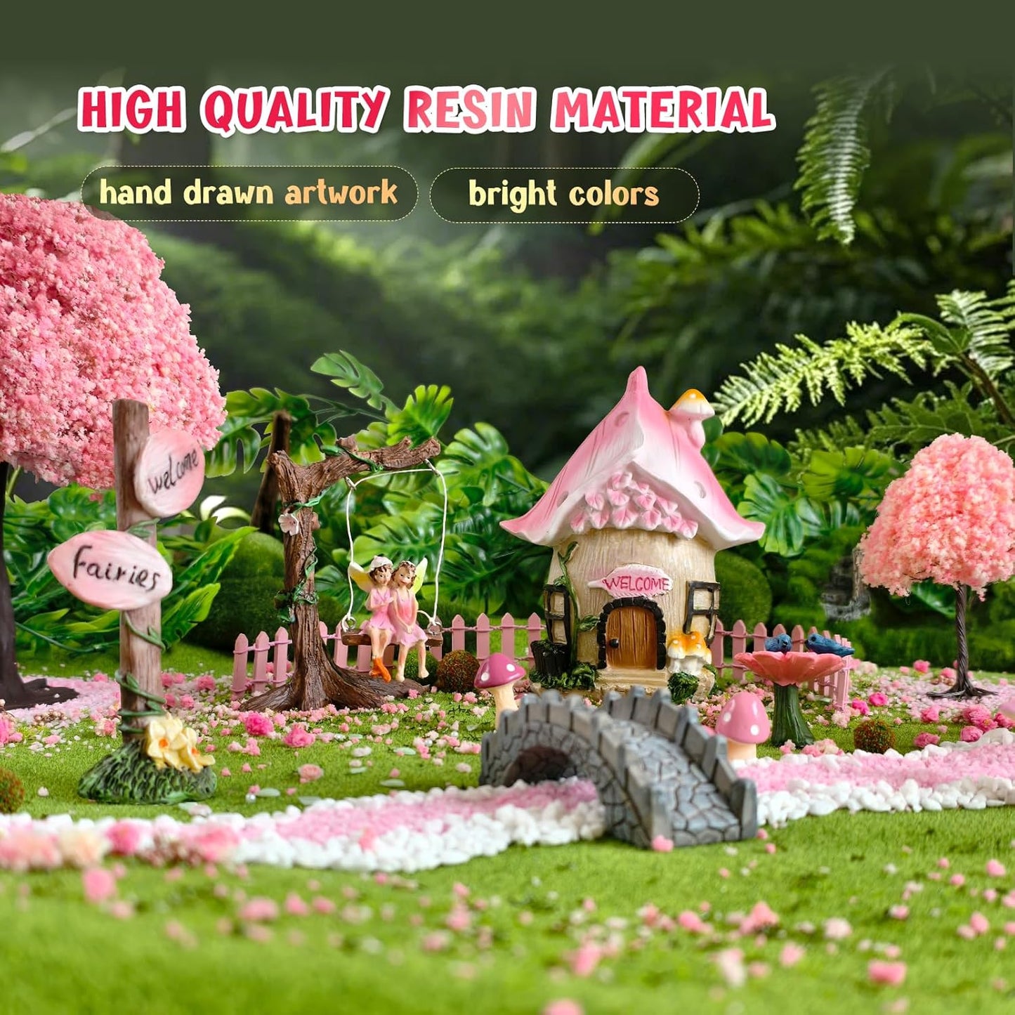 DONABELA Fairy Garden Decor Kit Pink Resin Miniature House Figurines Set Swing Directional Sign Bird Drinking Pool Fence Little Mushroom Outdoor Tiny Accessories for Kids