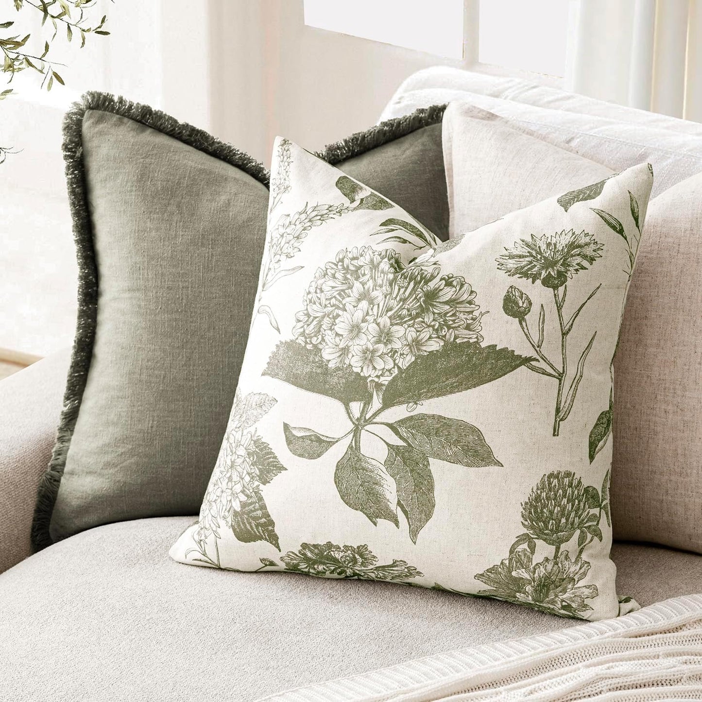 Foindtower Set of 2 Linen Floral Vintage Throw Pillow Covers Neutral Accent Print Decorative Cushion Covers Farmhouse Home Decor for Sofa Chair Couch Bedroom Living Room,18×18 Inch,Sage Green