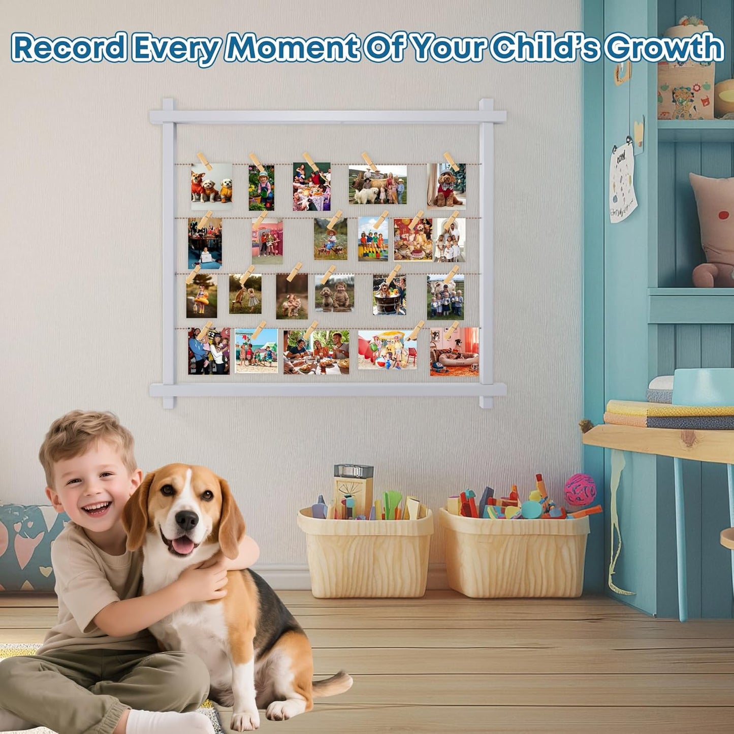 Collage Picture Frame for Nursery,Photo Display Board for Kids,Hanging Pictures Frames with Clips for Kid Graduation Birthday Party,Children Room Wall Decor,Upgraded,Easy To Assemble,(Gray White)