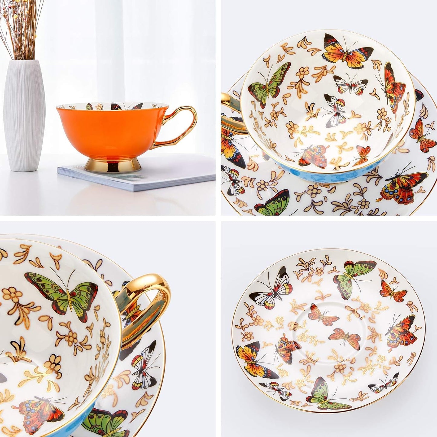 LURRIER Coffee Cup Mug with Saucer for Latte, Cappuccino Tea with Butterflies 6.8 Oz Fine Bone China, Dishwasher Safe, Reactive Glaze, 1 Pcs (Pink)