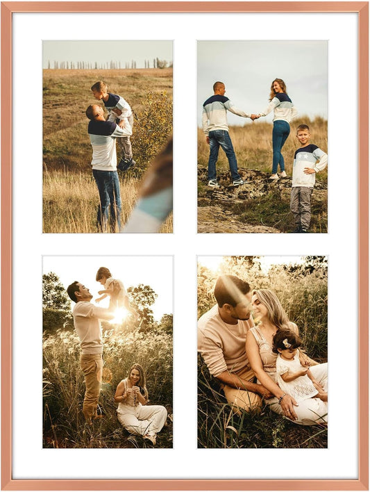 Frametory - 12x16 Aluminum Collage Picture Frame - Display 5x7 Pictures with 4 Openings Mat - Real Glass Front - Horizontal/Vertical Wall Mount - Rose Gold 1 Pack