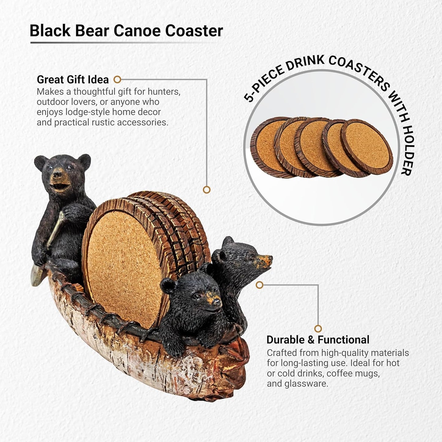 Black Bear Canoe Coaster Set with Holder - Pine Ridge 3 Rustic Black Bear Cabin Decor Absorbent Coaster Drink - Set of 5 Drink Coaster Set