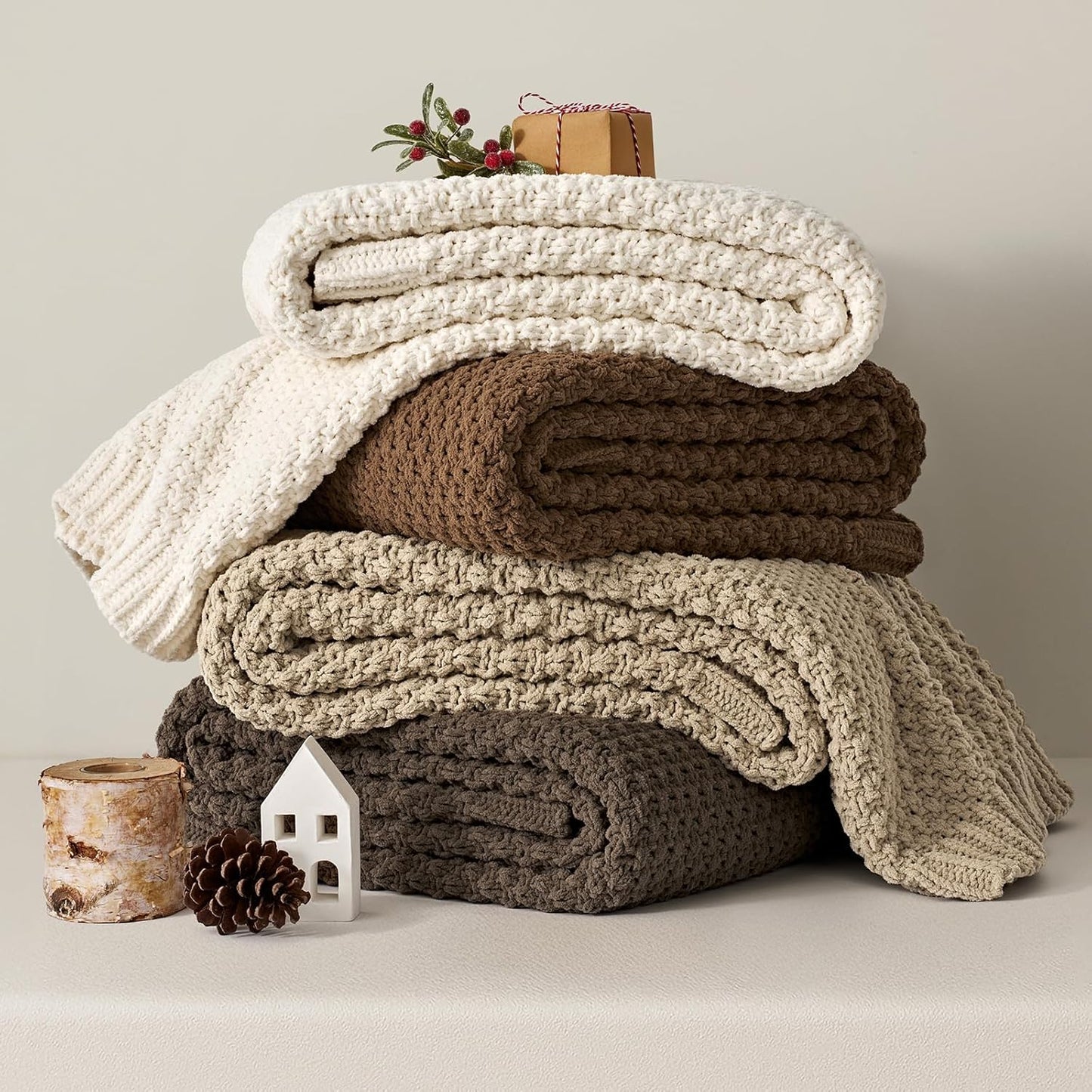 EVERGRACEHOME Chunky Chenille Knit Throw Blanket for Couch, Soft Luxurious Moss Stitch Blankets for Bed, Cozy Decorative Farmhouse Knitted Throws for Sofa, Sand Dune, 50" x 60"