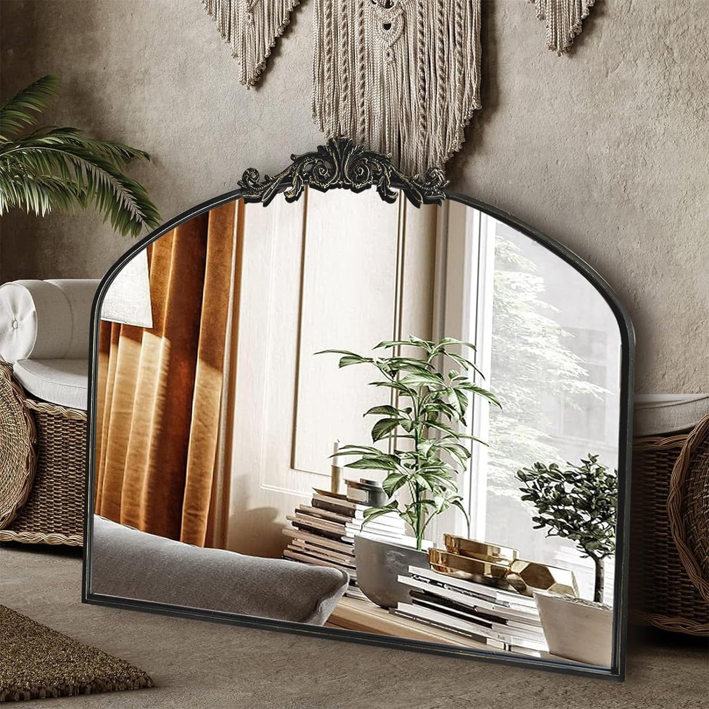 Black Arched Mirror for Wall,Baroque Fireplace Mirror Decor,Brass Wall Mirror,Ornate Mirrors for Entryway/Bathroom/Living Room/Hallway 36"X30" …