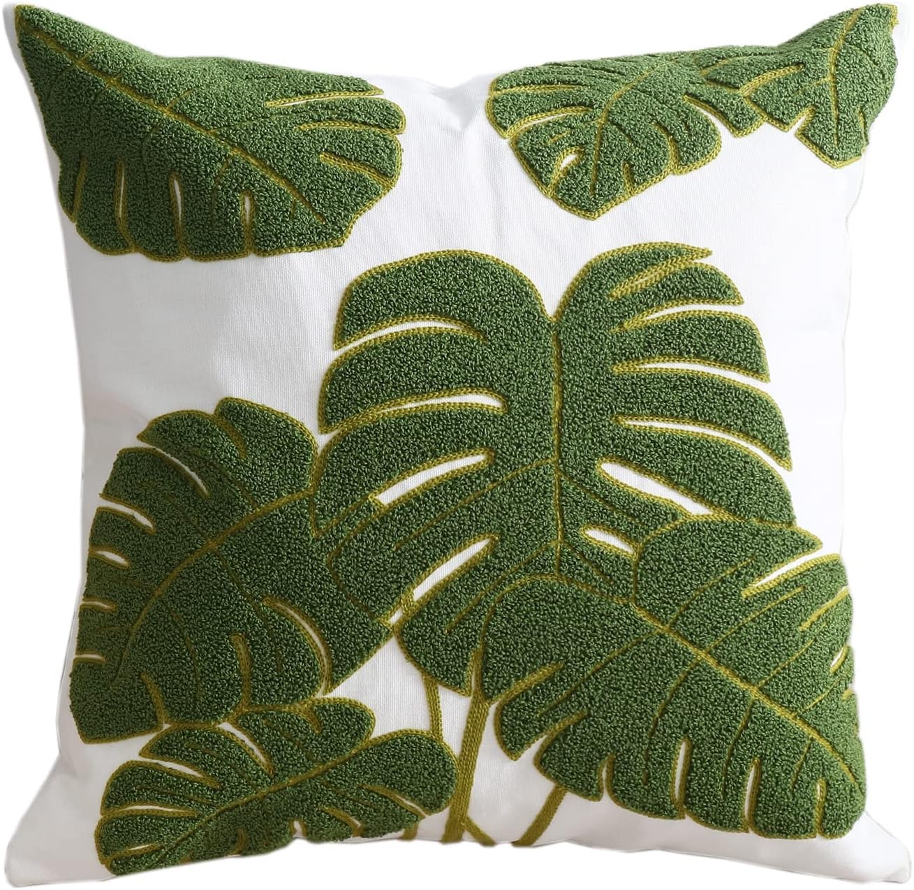 Embroidery Throw Pillow Cover 18x18 Green 7 Tropical Monstera Leaves Loop Plant Floor Pillow Cover for Couch Gift 100% Cotton Decorative Cushion Cover Home Décor Pillow Case 45x45cm, 1 Piece