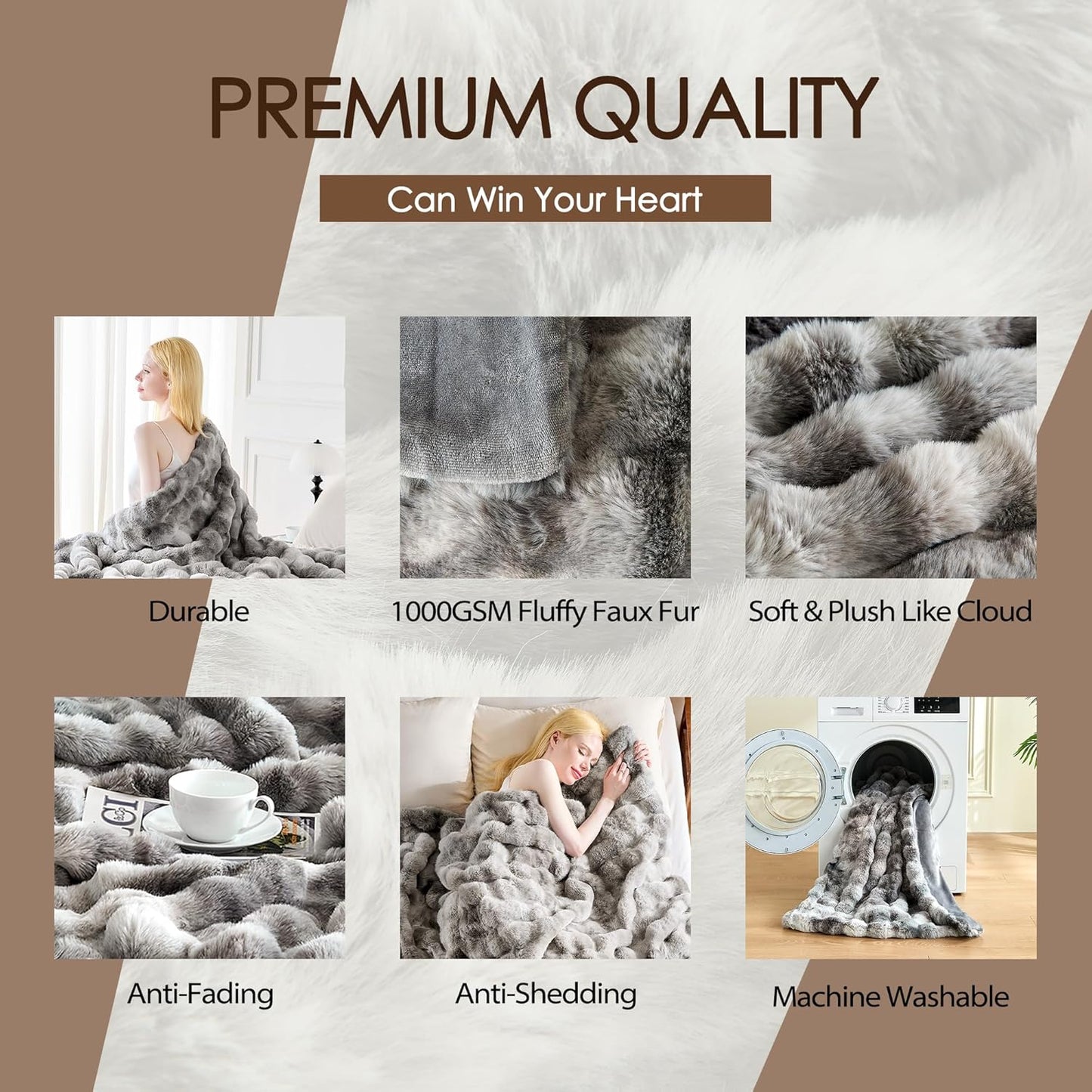 Luxury 1000GSM Faux Rabbit Fur Throw Blanket, Super Heavy Warm Cozy Blankets for Couch Bed Sofa, Bubble Plush Fuzzy Elegant Soft Reversible Mink Blanket for Living Room Bedroom, Tie-dye Grey