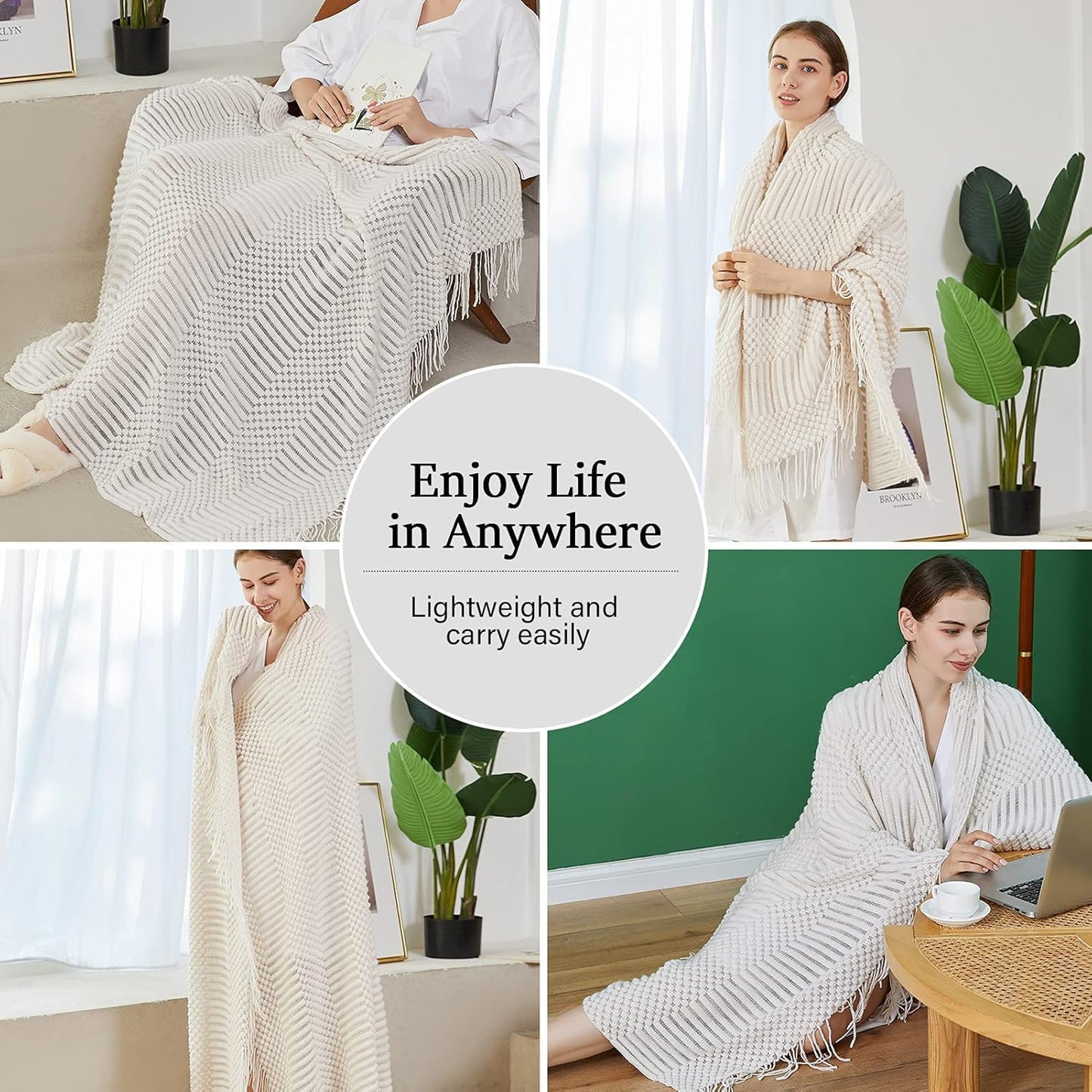 Blagic Knitted Throw Blanket for Couch Soft Farmhouse Boho Throw Blanket with Tassels Home Decorative Lightweight Throw Blankets,White Throws for Bed/Chair/Sofa, Pineapple Textured,60" W x 80" L