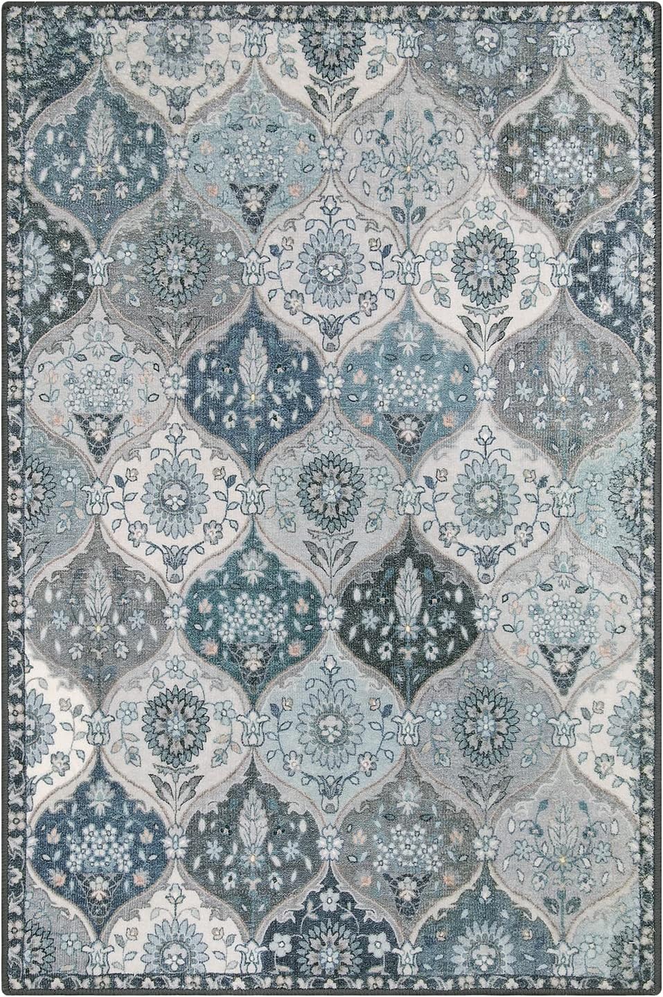 Lahome Moroccan Machine Washable Area Rugs, 4x6 Rug for Living Room Bedroom, Soft Non-Slip Rug Vintage Trellis Ultra-Thin Throw Carpet for Dining Room Office, Blue