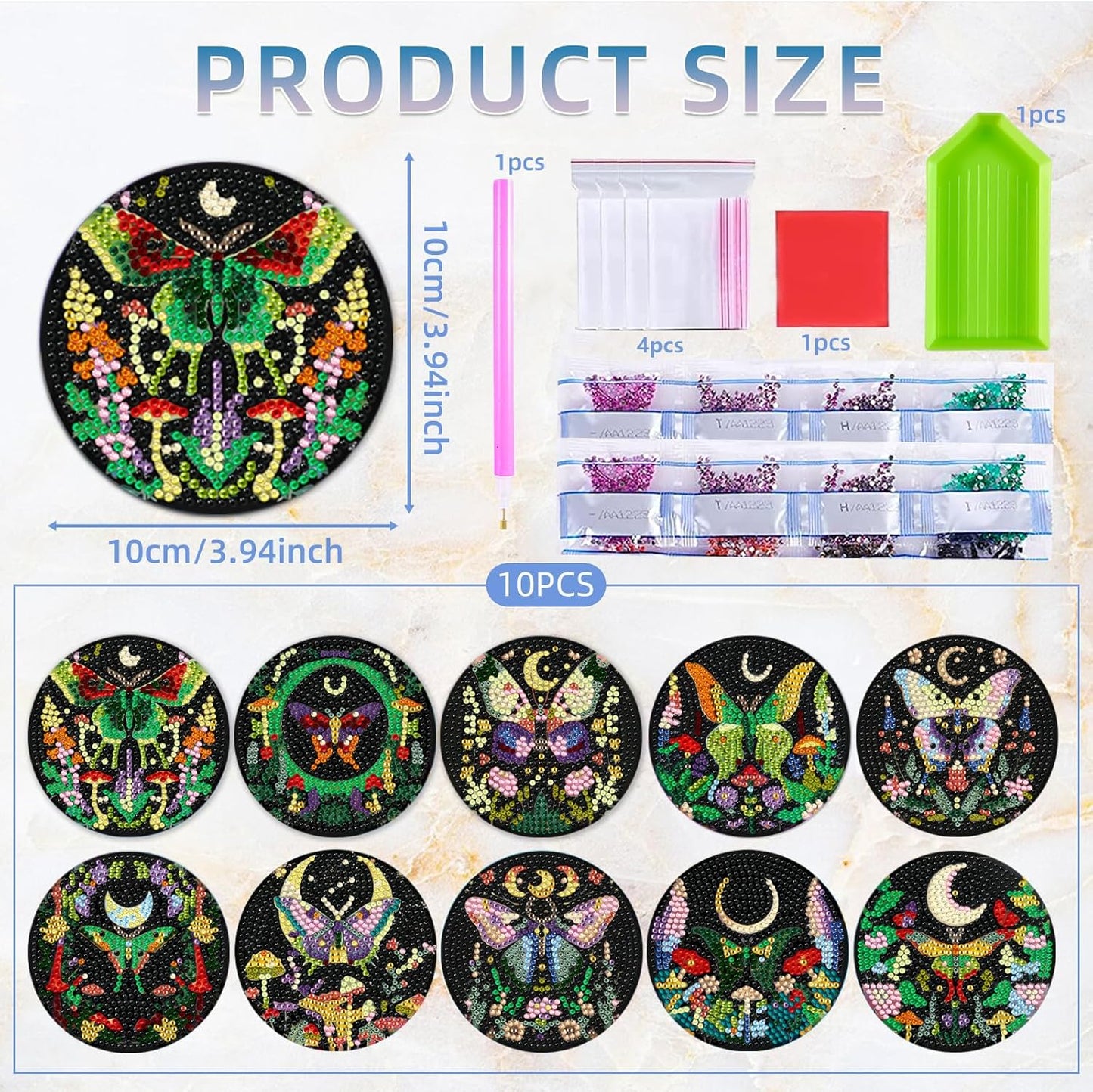 EWJRNSF 10 PCS Diamond Art Coasters Kit, Small Diamond Painting Coasters, Fall Diamond Art Kits for Adults Beginners, Arts and Crafts Supplies Item Sets with Holder Butterfly