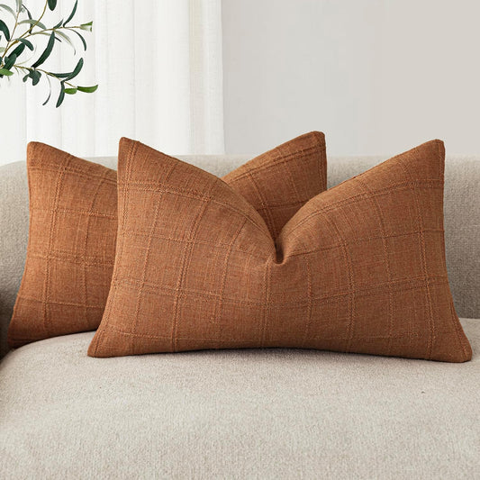 Foindtower Set of 2 Decorative Linen Check Throw Pillow Covers Neutral Farmhouse Lumbar Cushion Covers Modern Boho Home Decor for Sofa Chair Couch Bedroom Living Room,12×20 Inch,Orange
