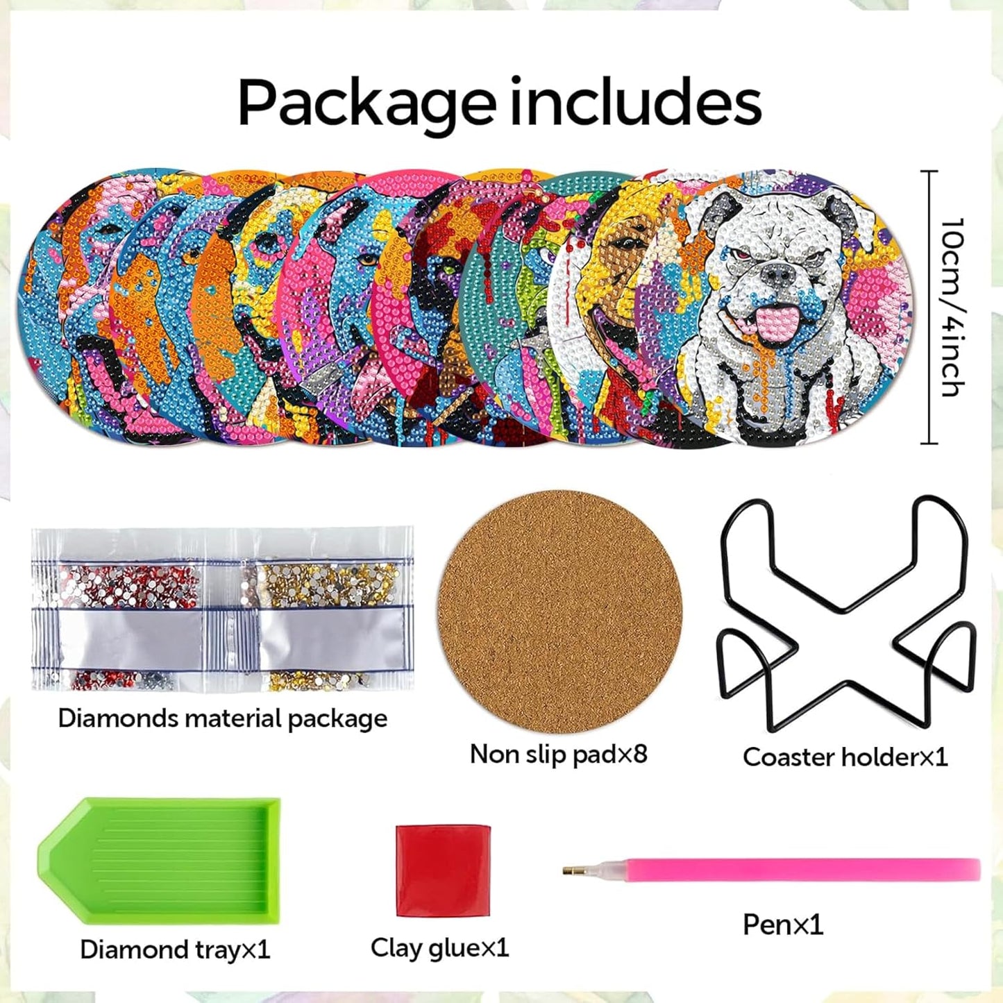 Leatrice 8PCS Dog Diamond Art Coasters Small Diamond Painting Kits for Adults Beginners Women, Gem Art Coasters with Holder, Funny Arts Supplies for Home Decor