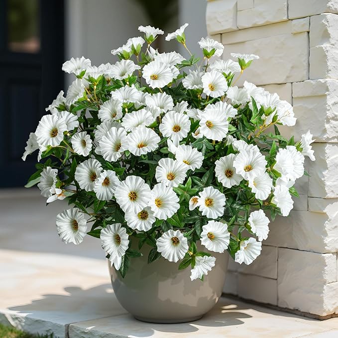 UV Resistant Artificial Petunias 13.3In Fake Flowers Artificial Flowers for Outdoors Silk Flowers 8PCS Fake Hanging Basket Plants Suitable for Outdoor Porch Decoration Patio Decor (White)