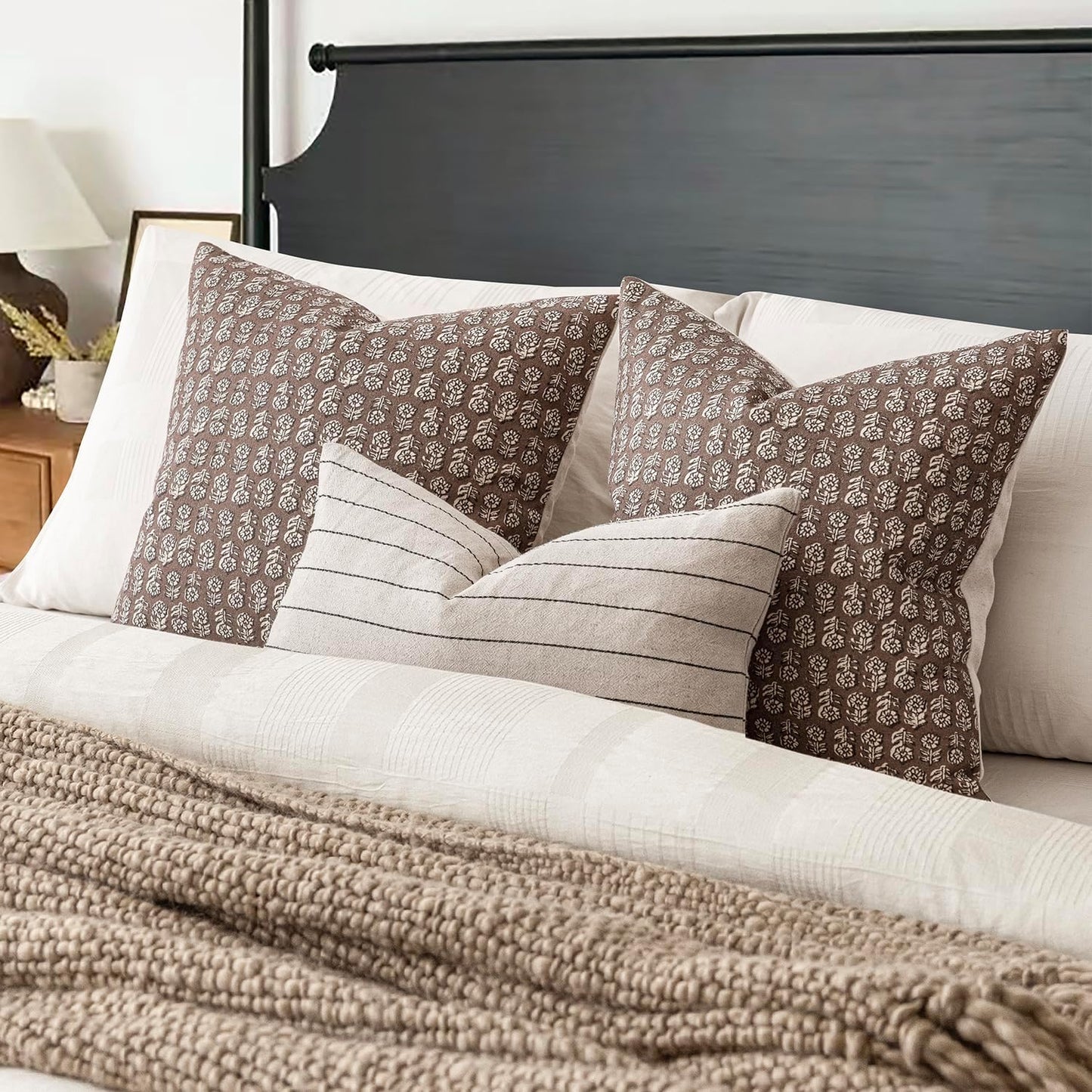 Foindtower Set of 2 Decorative Neutral Floral Print Throw Pillow Covers Vintage Accent Farmhouse Cushion Covers Boho Home Decor for Sofa Couch Chair Bedroom Living Room,24×24 Inch,Brown