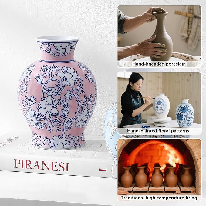 Vintage Chinoiserie Floral Ceramic Vase, Large Rustic Pottery Vases for Living Room, Entryway, Dining Table Centerpiece, Farmhouse Home Décor, Floor or Tabletop Flower Vase, (Pink)