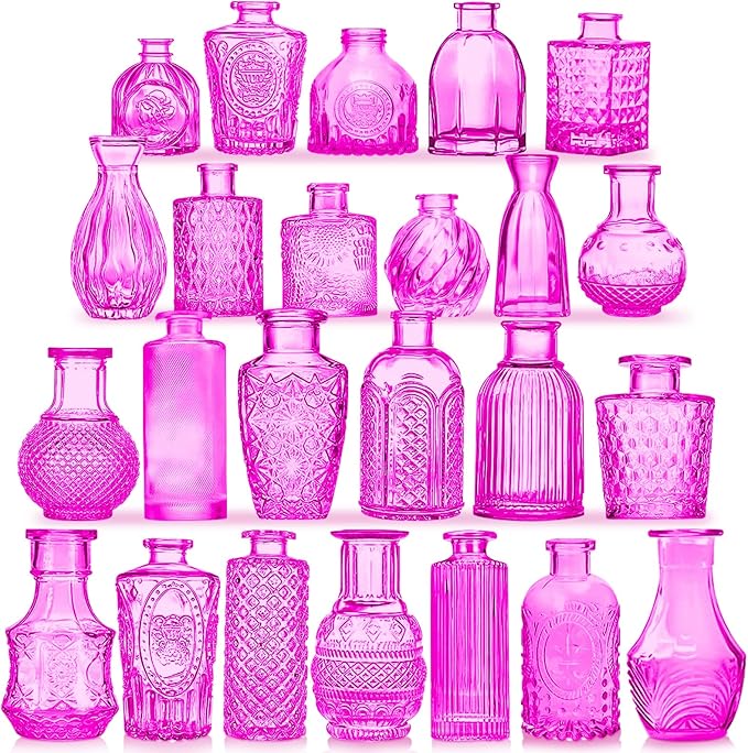 Glass Bud Vases Set of 24, Purple Vintage Small Vases for Flowers, Mini Glasses in Bulk, Small Flower Design for Centerpieces Wedding Decorations Home Flower Party Decor