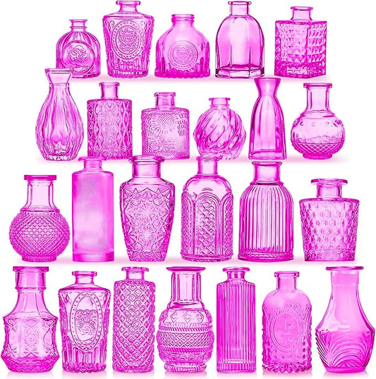 Glass Bud Vases Set of 24, Purple Vintage Small Vases for Flowers, Mini Glasses in Bulk, Small Flower Design for Centerpieces Wedding Decorations Home Flower Party Decor