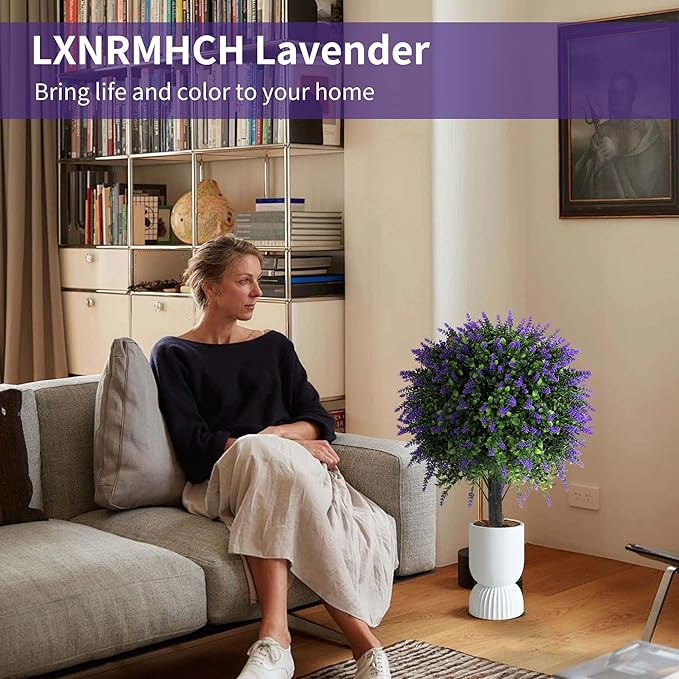 27.2" Artificial Lavender Topiary Set of 2 with Spike, Fake Plants Boxwood Balls Greenery Shrubs , Uv Resistant Artificial Push in Flowers Bushes for Outdoor Front Porch Decor, Home Faux Plants Indoor
