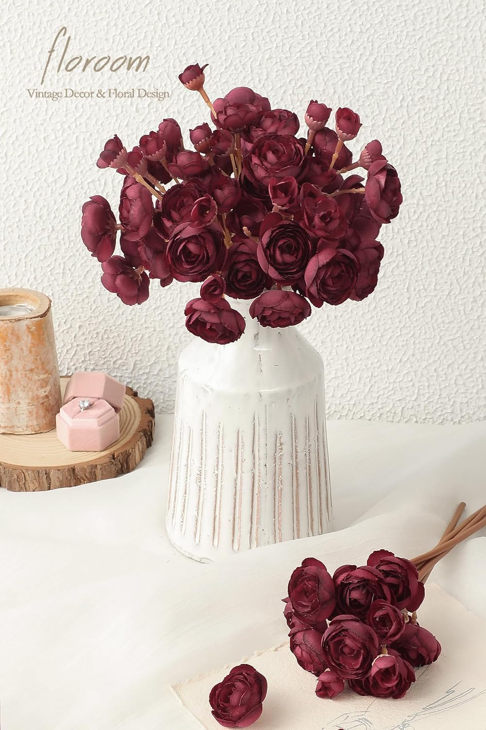 Floroom Ranunculus Artificial Flowers 18 Pcs Burgundy Faux Silk Mini Ranunculus Bulk Fake Wedding Filler Flowers for DIY Red Bouquets, Centerpieces, Bridal Shower Decorations & Arrangements