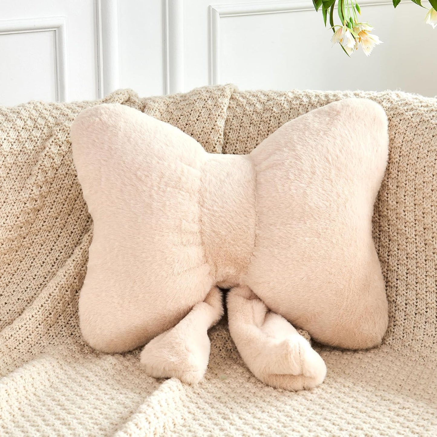 Beige Bow Pillow, Soft Bow Decorative Pillows with Faux Rabbit Fur, Cute 16" Bow Throw Pillows, Aesthetic Home Decor Bow Shaped Plush Pillow for Bedroom Sofa Couch