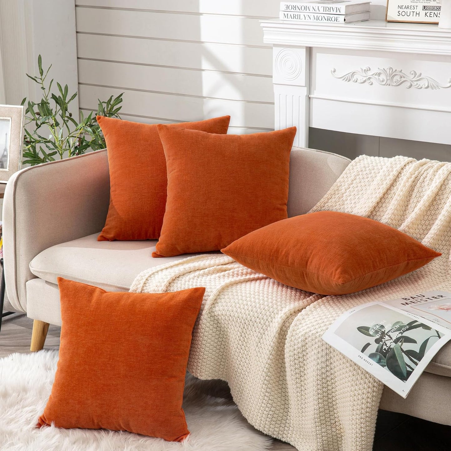 GAWAMAY Decorative Square Throw Pillow Covers 18"x18" Inch Set of 4, Super Soft Chenille Pillows Farmhouse Fall Pillowcase for Living Room Bedroom Sofa Couch Cushion Cover Burnt Orange 45x45cm