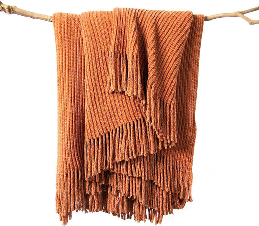 lifein Throw Blanket for Couch, Soft Boho Bed Throw,Cozy Burnt Orange Chenille Knitted Small Spring Lightweight Throw(Rust,50 * 60")