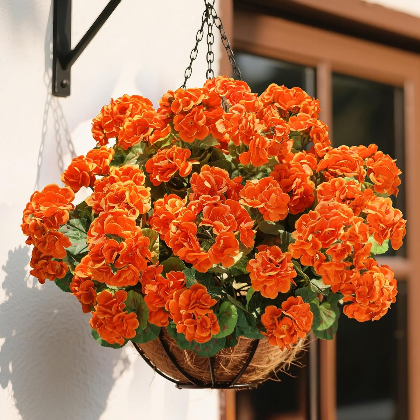 Fake Geraniums Artificial Flowers for Outdoors Fall Autumn Decoration, 6 Bundles Silk Geraniums UV Resistant Look Real Orange Faux Flowers Plants for Front Door Garden Planter Patio Balcony Yard Home