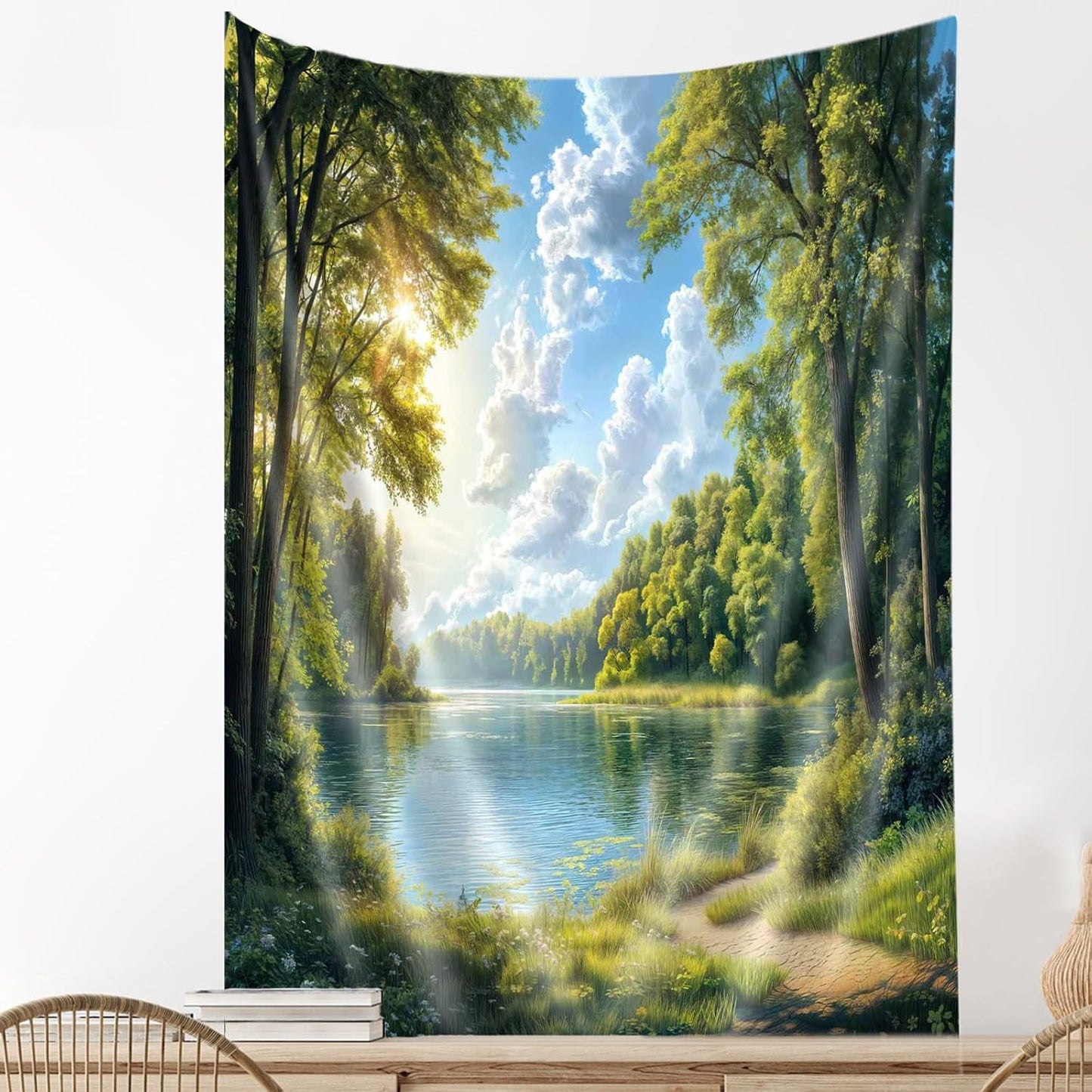 DYNH Nature Lake Forest Tapestry,Park Scenery Water Tree Sky Cloud Wall Tapestries,Countryside Field Landscape Vertical Wall Hanging for Classroom Bedroom Living Room Dorm Office Aesthetic,60X71IN