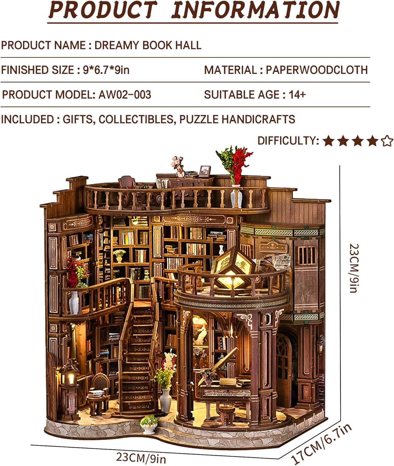 DIY Dollhouse Miniature House Kit,DIY Kit Mini House Model,1:24 Scale Creative Doll House Best Christmas Birthday Gift for Lovers Boys and Girls. (Dreamy Book Hall)
