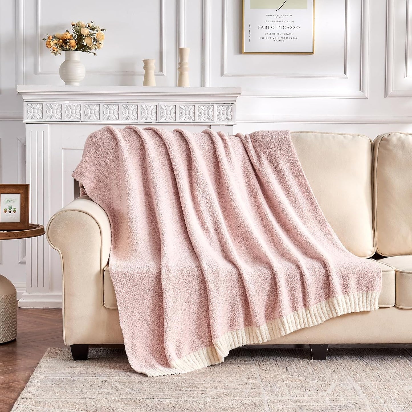 CozeCube Super Soft Fullfy Microfiber Reversible Knitted Blankets, Warm Cozy Fuzzy Plush Throw, Pink and White Melange Throw Blanket for Couch Bed Sofa, 60" x 80"