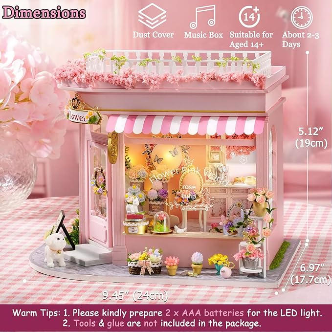 TuKIIE DIY Miniature House Kit with Furniture, 1:24 Scale Creative Room Mini Wooden Dollhouse Book Nook Plus Dust Proof & Music Movement for Kids Teens Adults(Flower Shop)