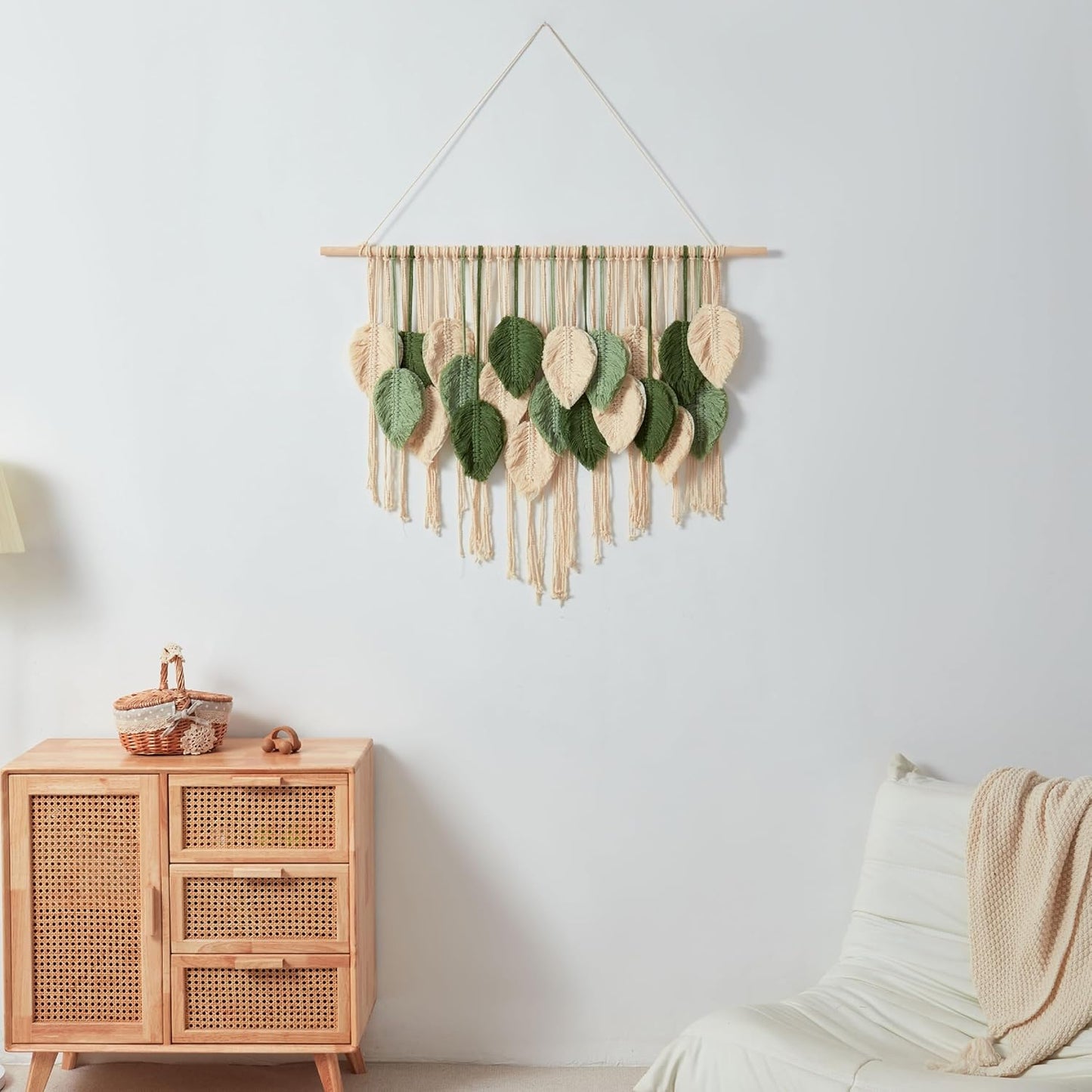 Macrame Wall Hanging Boho Wall Tapestry Handmade Woven Leaf Wall Decor Crochet Wall Art for Home Office Apartment (Green, 51.2" W x 34.3" L)