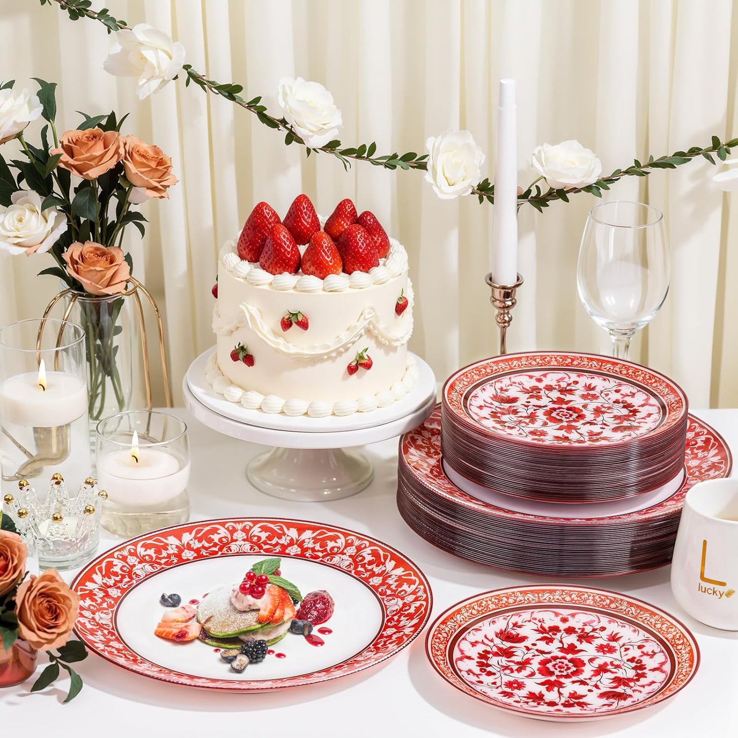 Hioasis 60pcs Red Plastic Plates Set - Floral Red & White Porcelain Design, 10.25" Dinner & 7.5" Dessert Plates Disposable for Wedding/Party (Dishwasher Safe, Art Style)