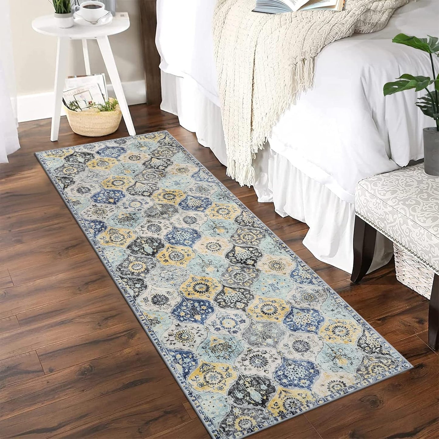 Lahome Moroccan Washable Hallway Runner Rug, 2'5''x8' Ultra-Thin Carpet Runners for Hallways Kitchen, Oriental Vintage Non-Slip Laundry Room Rug for Entryway Bedroom Bathroom, Yellow/Aqua